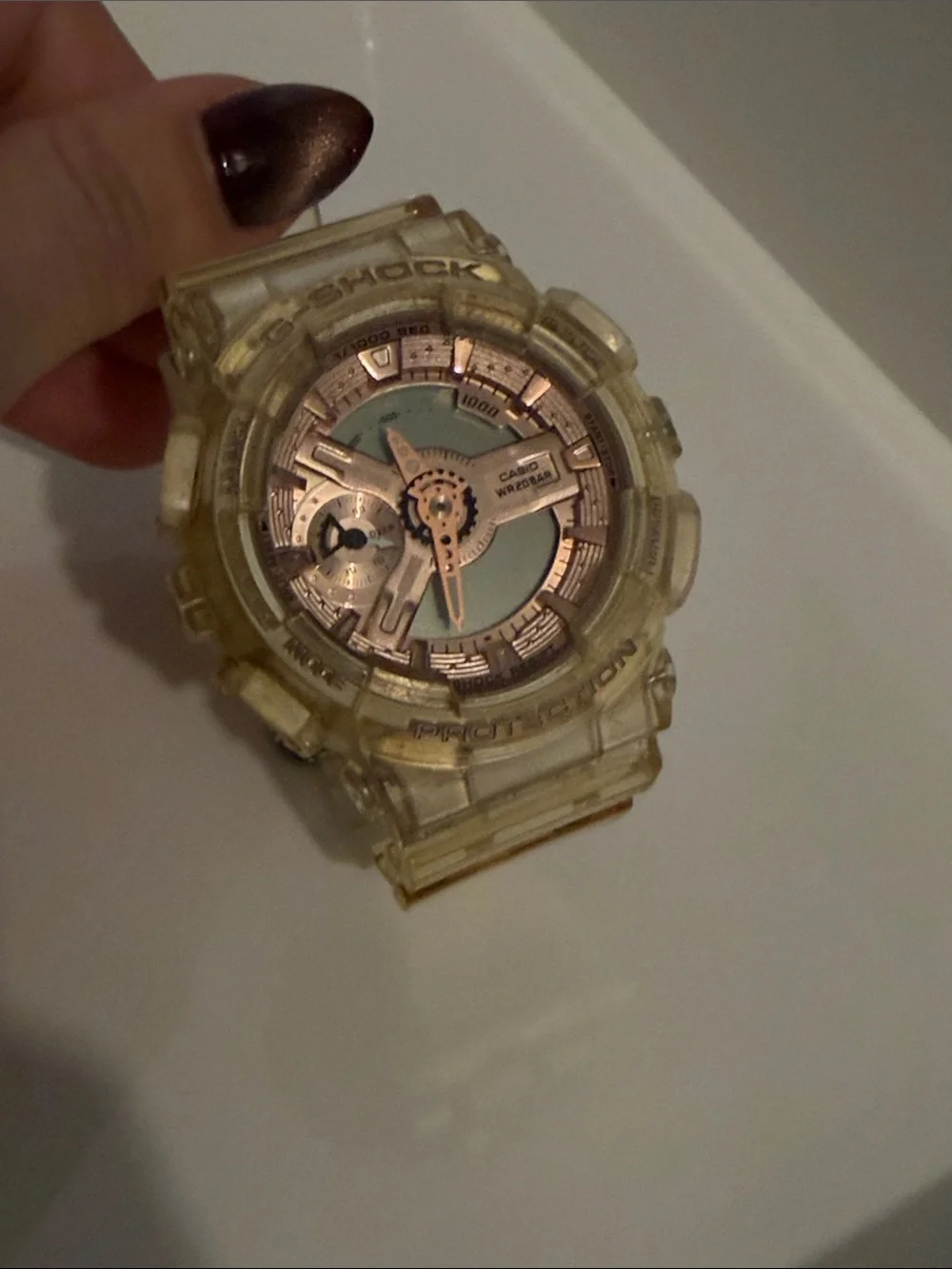 Casio G-Shock Transparent Yellow Resin Watch with Rose-Gold Dial Accents